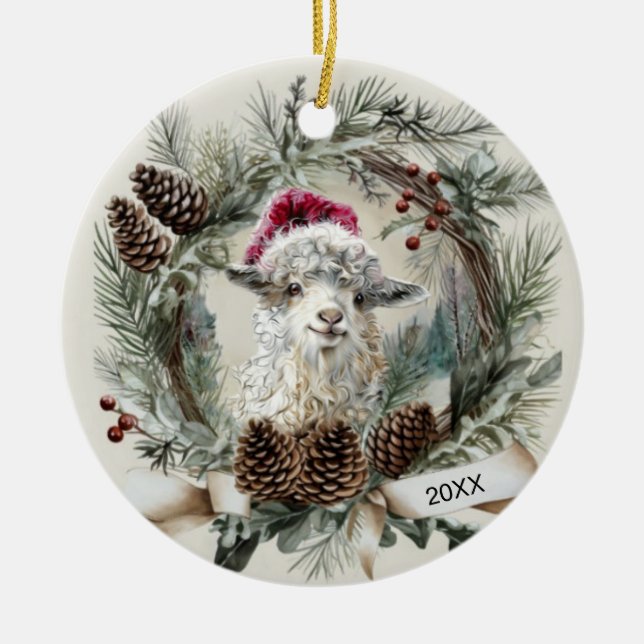 Weihnachtskranz Angoraziege  Keramik Ornament (Vorne)