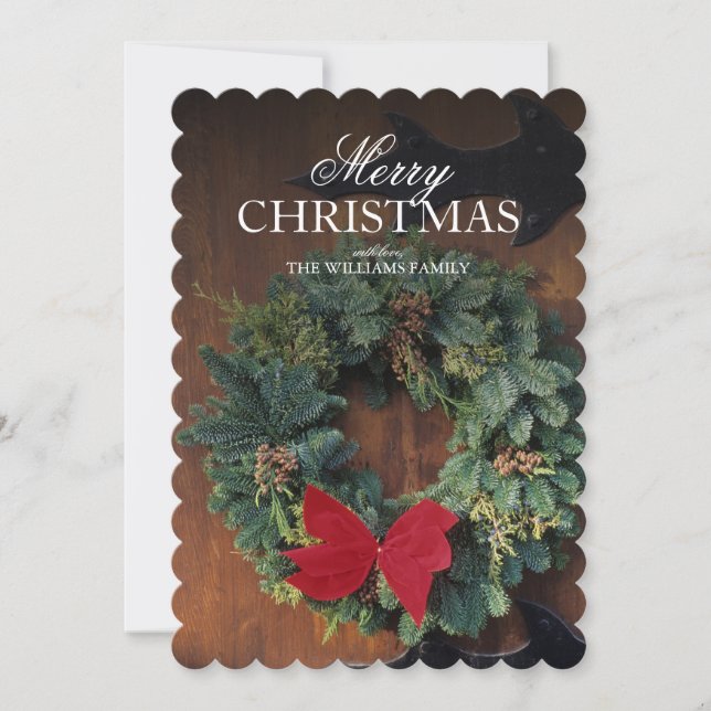 WeihnachtsKranz auf hölzerner Tür Feiertagskarte (Vorderseite)