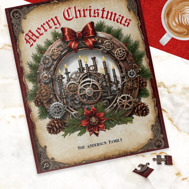 Weihnachtskranz Cogs Candles Custom Steampunk Puzzle (A Christmas jigsaw puzzle with Steampunk theme, with festive wreath, cogs, pinecones and candles)