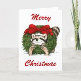 WeihnachtsKranz-Dekoration und Waschbär Feiertagskarte