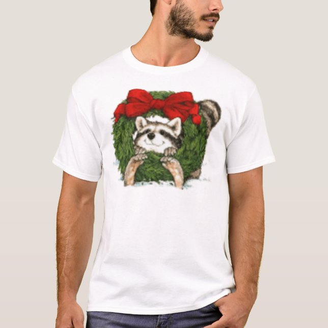 WeihnachtsKranz-Dekoration und Waschbär T-Shirt (Vorderseite)
