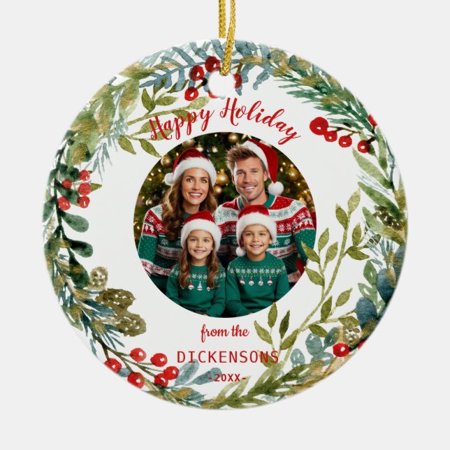 Weihnachtskranz-Foto Keramik Ornament (Vorne)