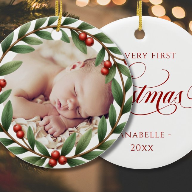 Weihnachtskranz-Foto Keramik Ornament (Christmas Wreath Photo Ornament - front and back)