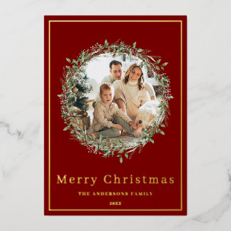 Weihnachtskranz Foto rote und goldene Feiertagskar Folien Feiertagskarte