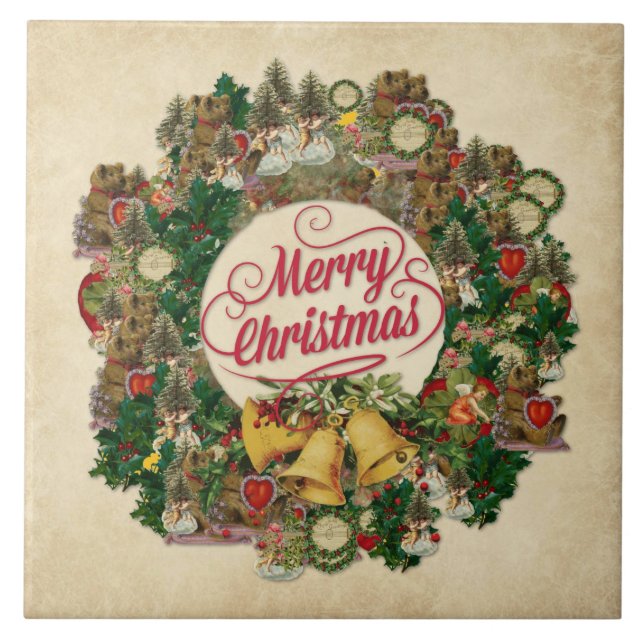 Weihnachtskranz (Frohe Weihnachten) Fliese (Vorderseite)