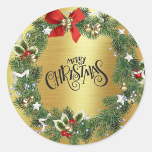 Weihnachtskranz - Goldfolie - Frohe Weihnachten Runder Aufkleber