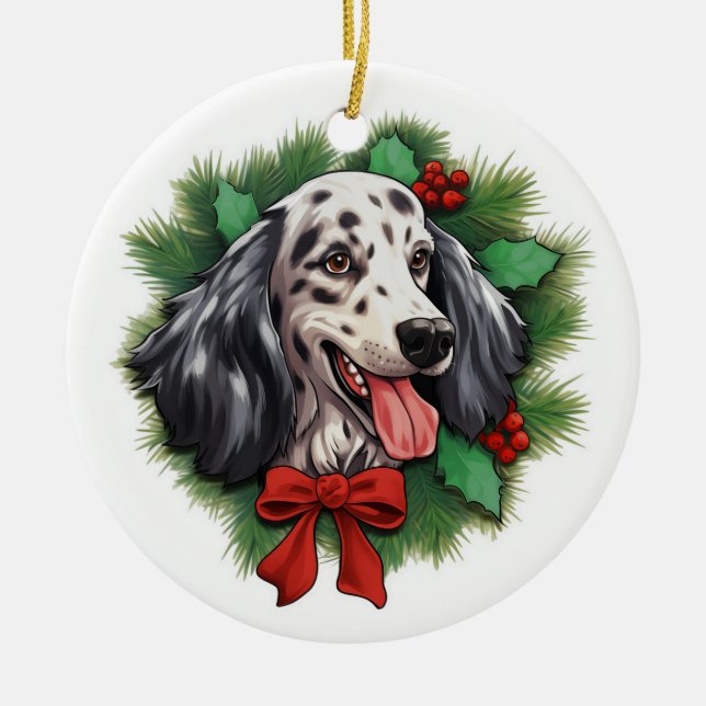Weihnachtskranz im englischen Setter Keramik Ornament (Vorne)