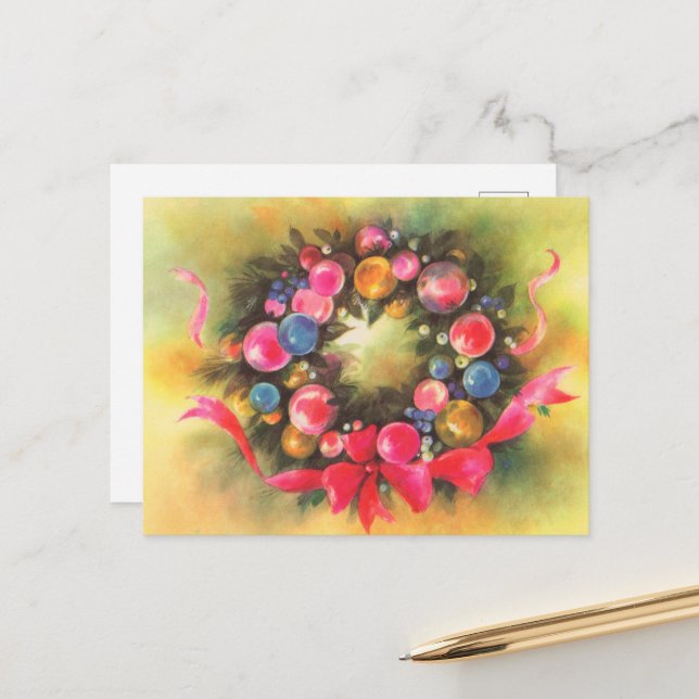 Weihnachtskranz im Retro-Stil Postkarte (Vorderseite/Rückseite Beispiel)