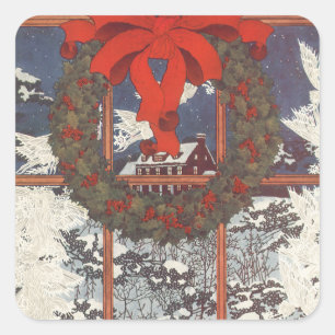 Weihnachtskranz im Schnee Quadratischer Aufkleber