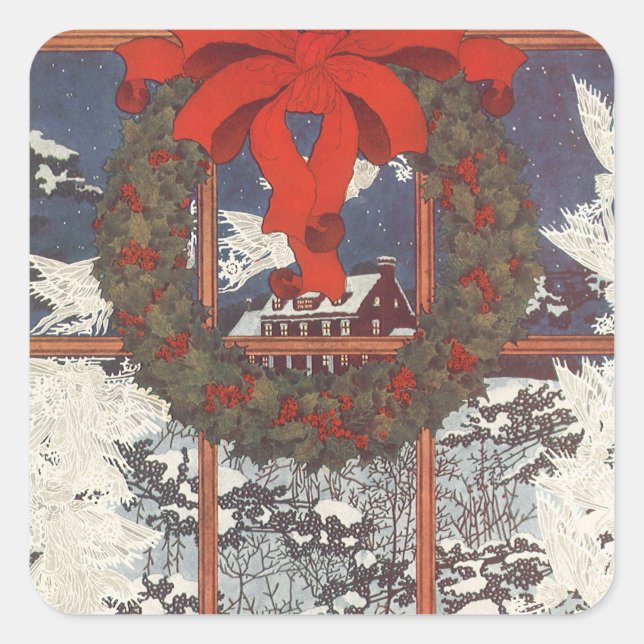 Weihnachtskranz im Schnee Quadratischer Aufkleber (Vorderseite)