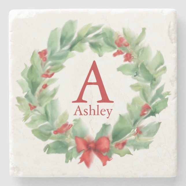 Weihnachtskranz im Wasserfarb-Monogramm und Name Steinuntersetzer (Vorderseite)