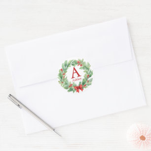 Weihnachtskranz in Aquarellfarbenmonogramm und Nam Runder Aufkleber