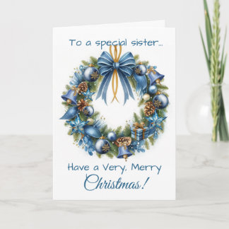 Weihnachtskranz in Blau und Gold Karte für Schwest