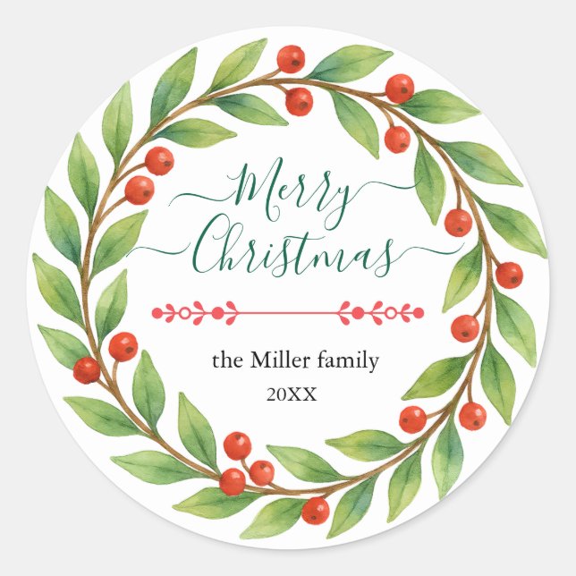 Weihnachtskranz in Wasserfarbe mit benutzerdefinie Runder Aufkleber (Vorderseite)