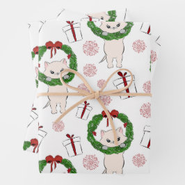 Weihnachtskranz, Kitten und Geschenke Geschenkpapier Set