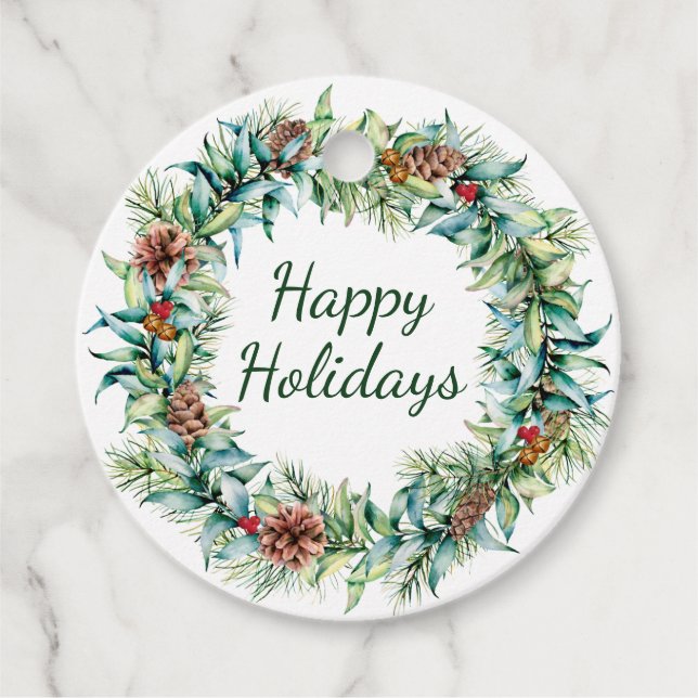 Weihnachtskranz mit Berries und Glockentags Geschenkanhänger (Vorderseite)