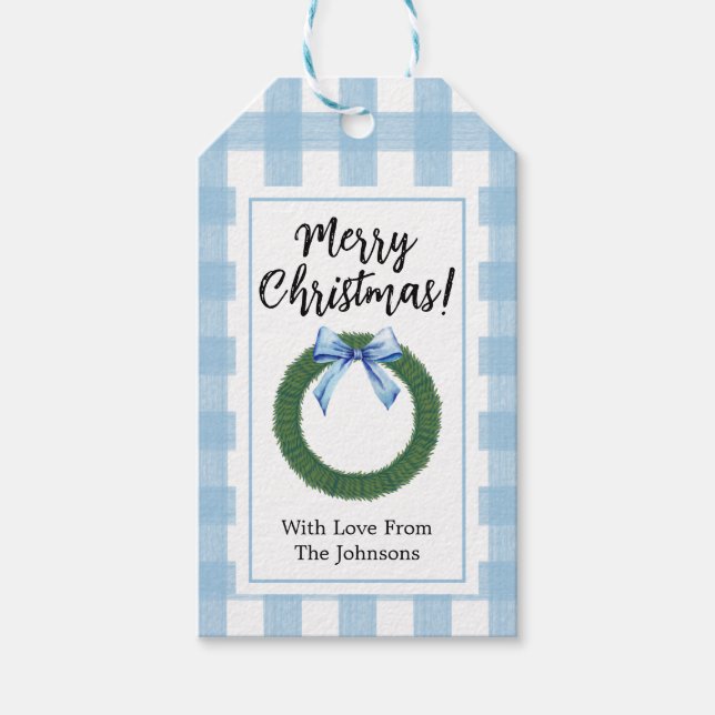 Weihnachtskranz mit Blue BowGift Tags Geschenkanhänger (Vorderseite)