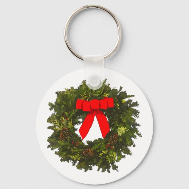 Weihnachtskranz mit Kiefernfüßen und Rotem Bogen Schlüsselanhänger (Vorderseite)