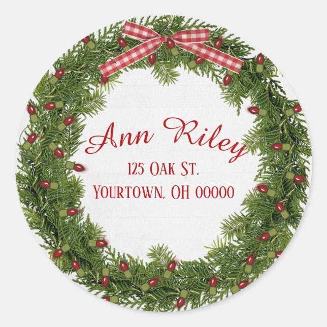 Weihnachtskranz mit Lichtern Runder Aufkleber (Vorderseite)