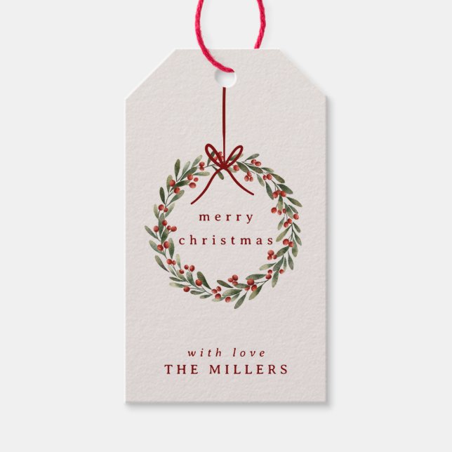 Weihnachtskranz mit rotem Bogen Geschenkanhänger (Vorderseite)