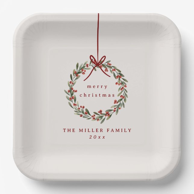 Weihnachtskranz mit rotem Bogen Pappteller (Vorderseite)