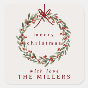 Weihnachtskranz mit rotem Bogen Quadratischer Aufkleber