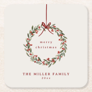 Weihnachtskranz mit rotem Bogen Rechteckiger Pappuntersetzer