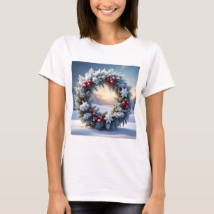 Weihnachtskranz mit roten Beeren im Schnee T-Shirt