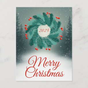 Weihnachtskranz mit roten Beeren und Wald Feiertagspostkarte