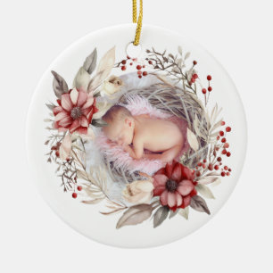 Weihnachtskranz mit roten Blume, Beeren Foto Keramik Ornament