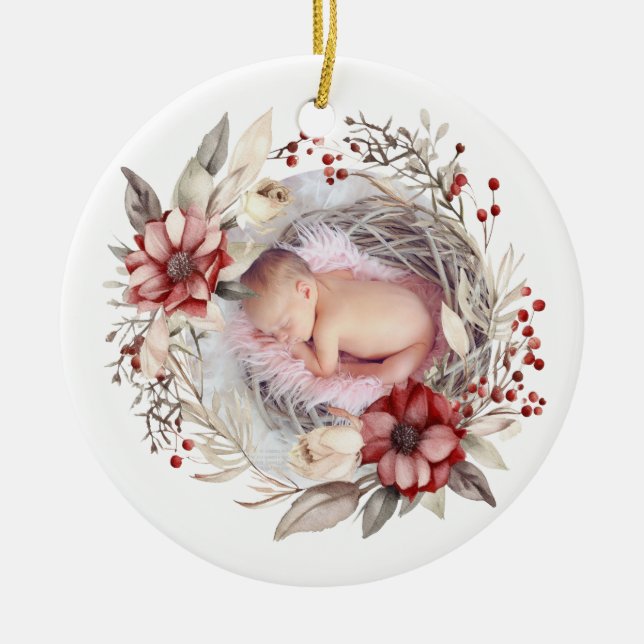 Weihnachtskranz mit roten Blume, Beeren Foto Keramik Ornament (Vorne)