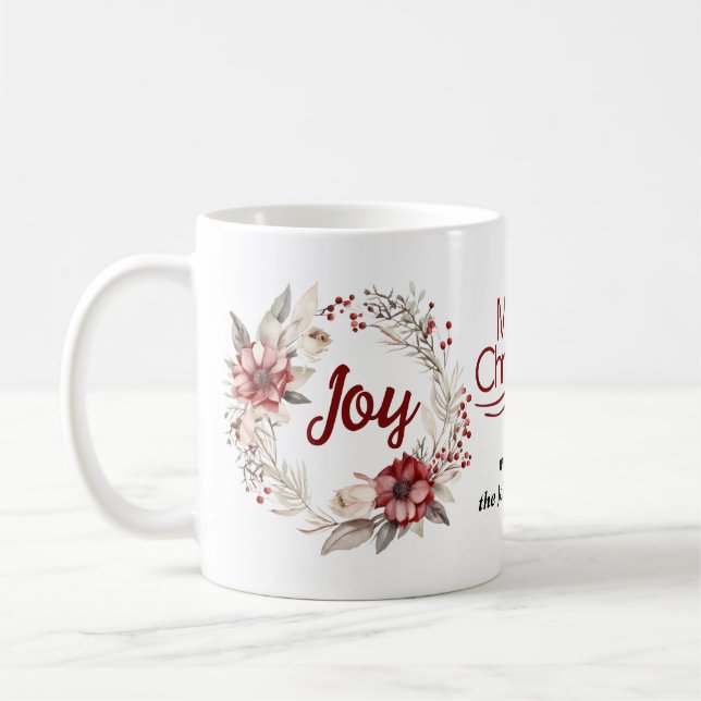 Weihnachtskranz mit roten Blume und Beeren Freude Kaffeetasse (Links)