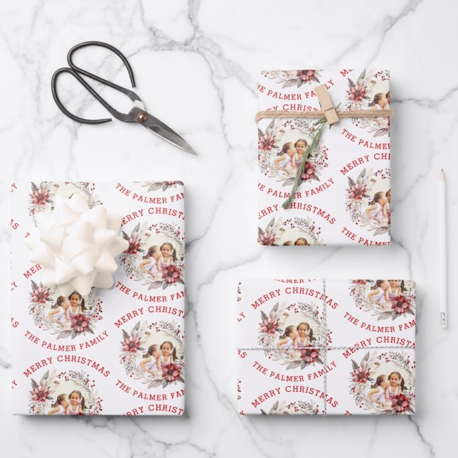 Weihnachtskranz mit roten Blume und Foto Geschenkpapier Set (Vorderseite)