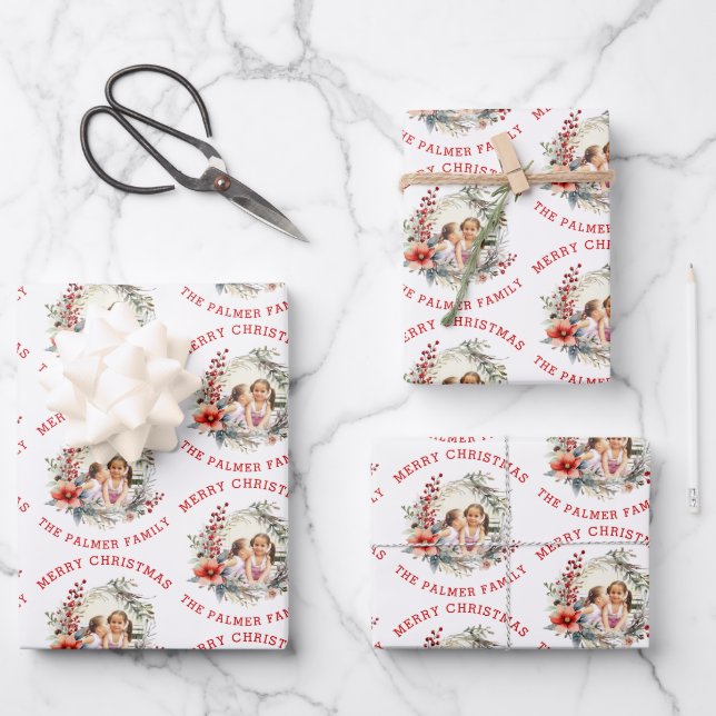 Weihnachtskranz mit roten Blume und Foto Geschenkpapier Set (Vorderseite)