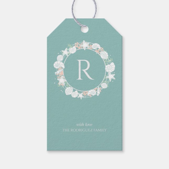 Weihnachtskranz-Monogramm der Muschel an der Küste Geschenkanhänger (Vorderseite)