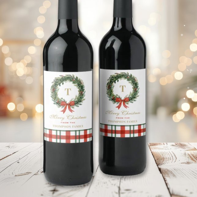 Weihnachtskranz-Monogramm-Karo-Familienname Weinetikett (Von Creator hochgeladen)