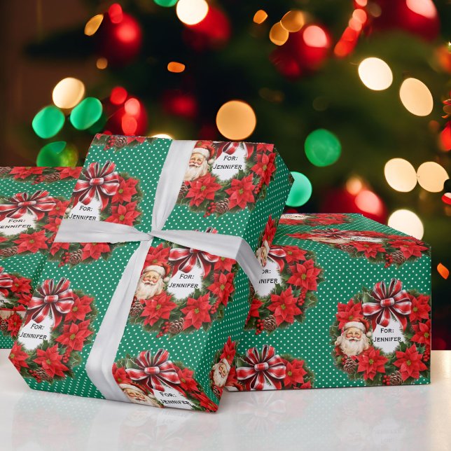 Weihnachtskranz Name Klassischer Santa Rot Grün Geschenkpapier (Von Creator hochgeladen)