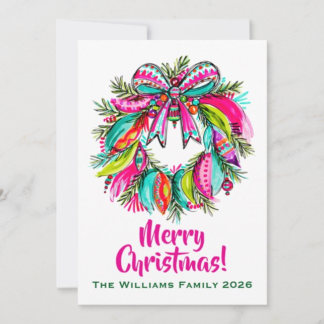 Weihnachtskranz Pink Boho Feiertagskarte (Vorderseite)