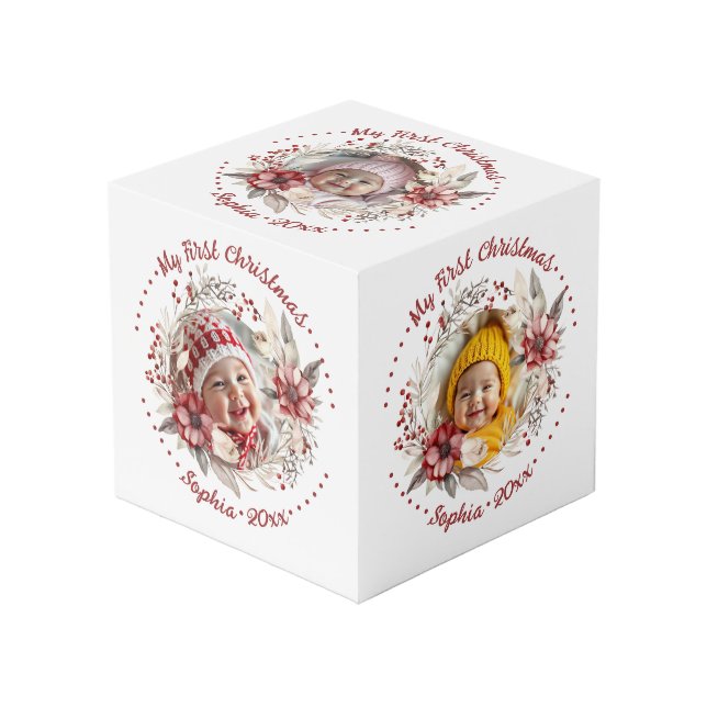 Weihnachtskranz, rote Blume, Beeren Foto Würfel (Vorderseite Schrägansicht)