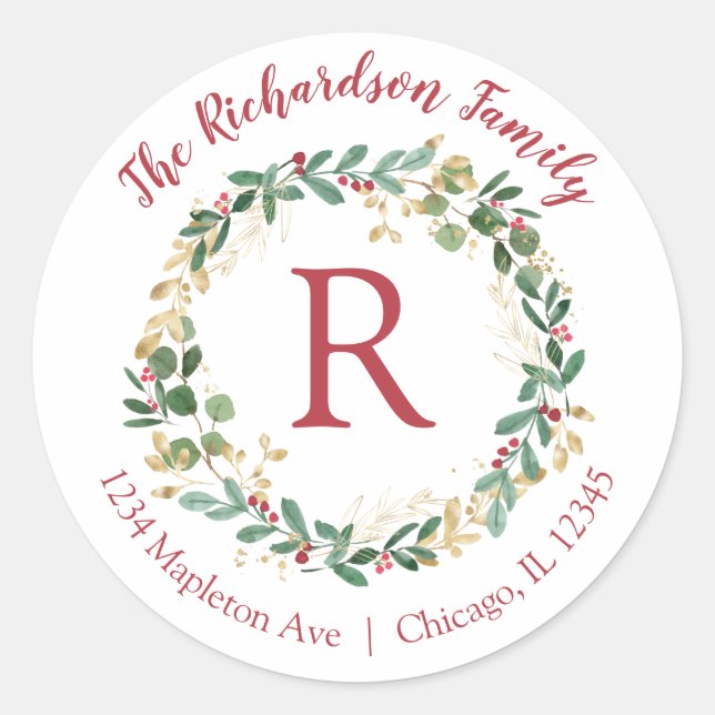 Weihnachtskranz - rote Rücksendeadressen-Aufkleber Runder Aufkleber (Vorderseite)