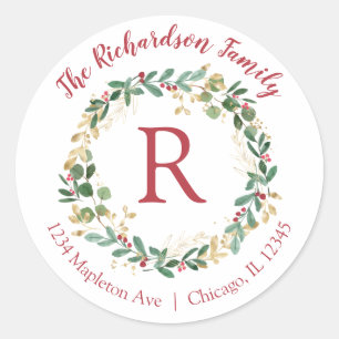 Weihnachtskranz - rote Rücksendeadressen-Aufkleber Runder Aufkleber