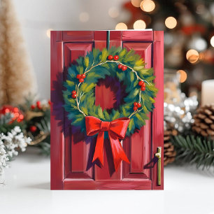 Weihnachtskranz rote Tür Aquarell Feiertagskarte