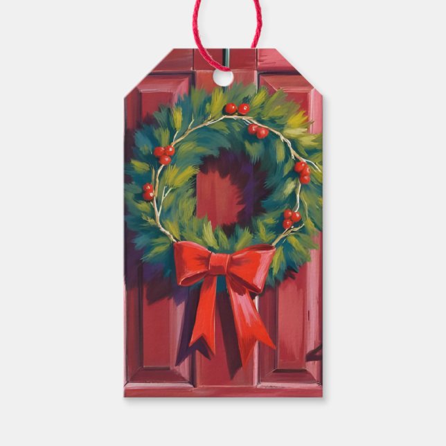 Weihnachtskranz rote Tür Aquarell Geschenkanhänger (Vorderseite)