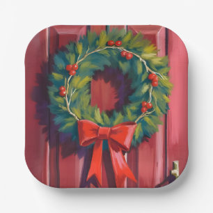 Weihnachtskranz rote Tür Aquarell Pappteller