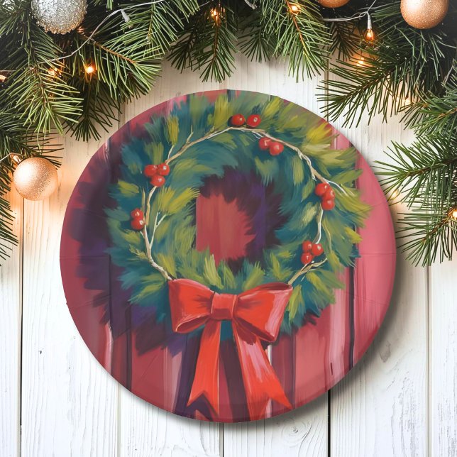 Weihnachtskranz rote Tür Aquarell Pappteller (Von Creator hochgeladen)