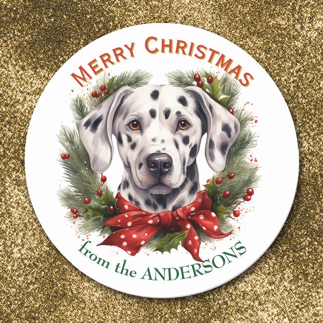 Weihnachtskranz roter Bogen Dalmatiner Hund Runder Aufkleber (Von Creator hochgeladen)