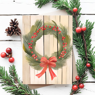 Weihnachtskranz roter Bogen | Pretty Pine Wasserfa Feiertagspostkarte