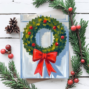 Weihnachtskranz roter Bogen weiße Wasserfarbe Feiertagspostkarte