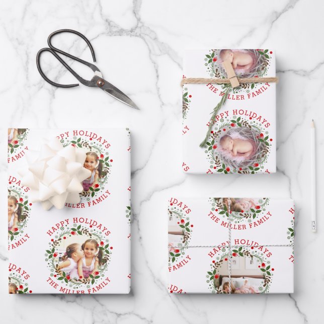 Weihnachtskranz, Roter Glückspilz 3 Foto Geschenkpapier Set (Vorderseite)