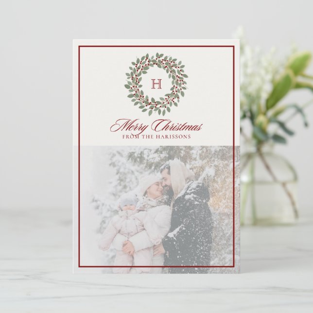 Weihnachtskranz, Roter Rahmen, Monogramm-Foto Feiertagskarte (Stehend Vorderseite)